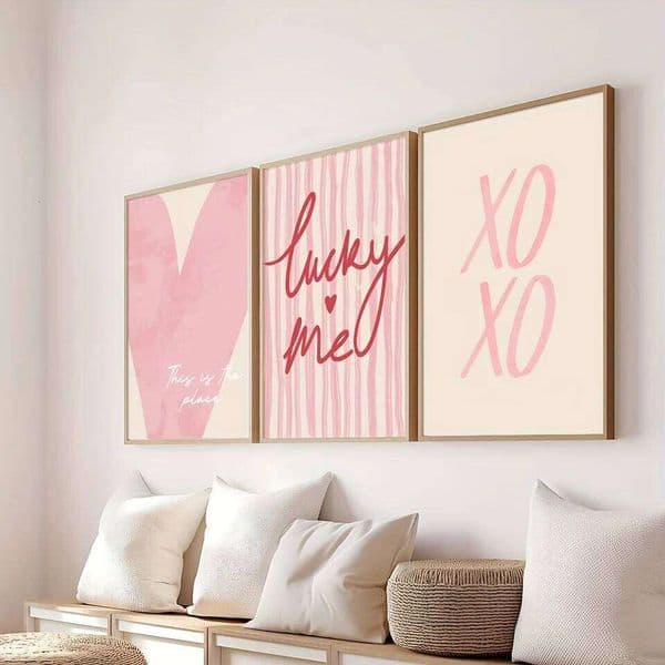 3pcs/set Pink Striped Heart Lucky Me Canvas Print Y2k Preparatory Wall Art Poster Valentine's Day Coquette Aesthetics Home Decor 26H0421