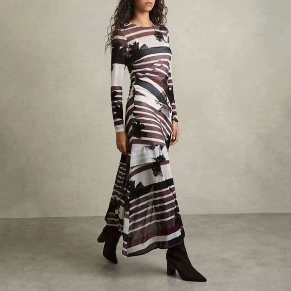 Chic Sheer Women's Striped Floral Print Long Sleeve Ruched Flared Hem Dress