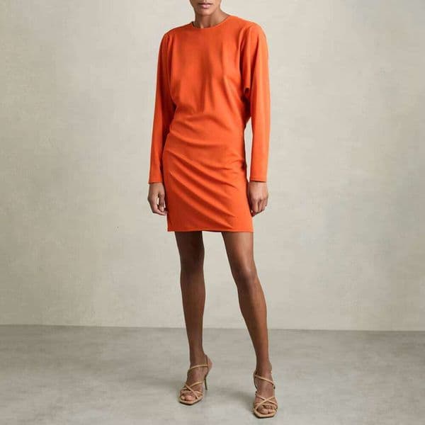 Women's Vibrant Orange Batwing Long Sleeve Ruched Bodycon Cocktail Dress