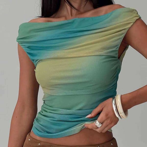 Teal & Lime Gradient Off Shoulder Top Draped Ruched Midsection Sheer Mesh Fitted For Party