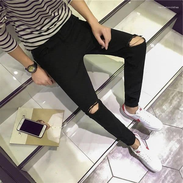 Men's Jeans Slim Fit Youthful Tear Long Pants Knee Exposure Korean Version Trendy Quick Fast Leg Slimming