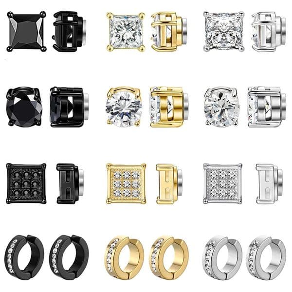 1 Pair Stainless Steel Magnetic Non Piercing Inlaid Cubic Zirconia Stud Earrings Clip on Hoop Set for Men Women 260420