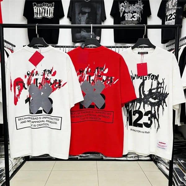 Men's T Shirts Real Po White Red RRR123 Tshirts Cross Adhesive Pattern Graffiti Butterfly Mask Hiphop Street Outfit Men Women Short Sleeve