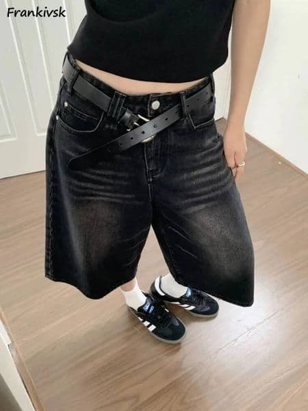 Harajuku Denim Shorts Women's Vintage High Waist Black Washed Fashion Casual Loose Fit Y2K Streetwear American Calf-length Chic dongdumaoyi
