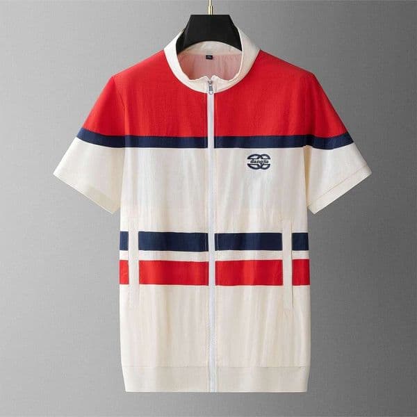 2026 European Style New Summer Embroidery Fashion Trend Men's Color Block Stand Up Collar Zipper Thin Short Sleeved Slim Fit T-Shirt