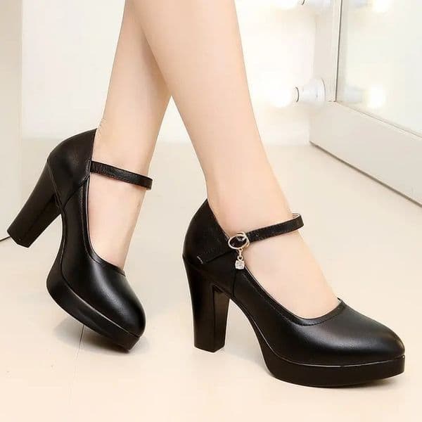 High Heels Platform Pumps Mujer Spring Fashion Buckle Solid Black Shoes Woman PU Leather Waterproof Femme 260420