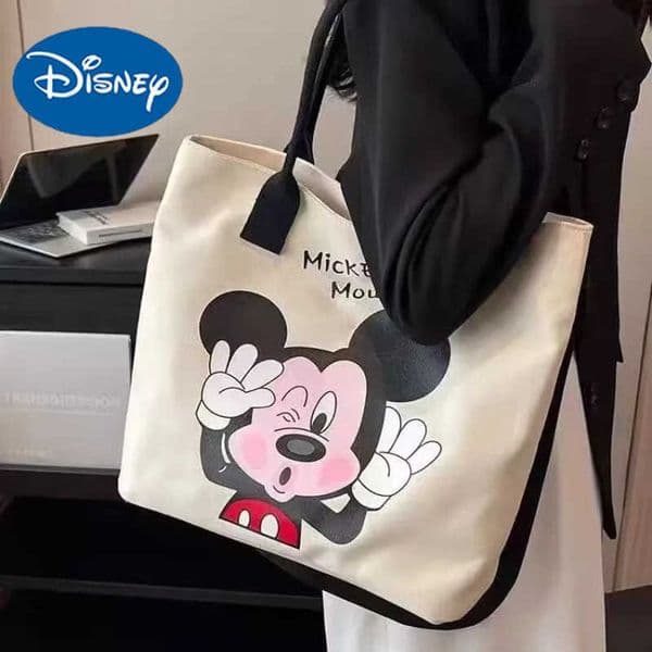 Disney Women 2026 New Mickey Minnie Canvas Tote Bag Cute Cartoon Shoulder Handbag for Women Casual Large Capacity Shopping Bag H260421