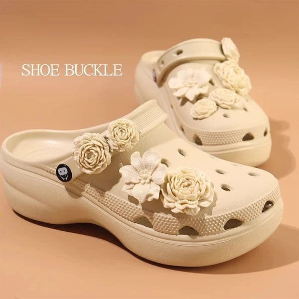 Bone White Flower Charms with Pearl Links Shoe Set DIY Decoration Buckle for Summer Sandals Hole Shoes Accessories 260420