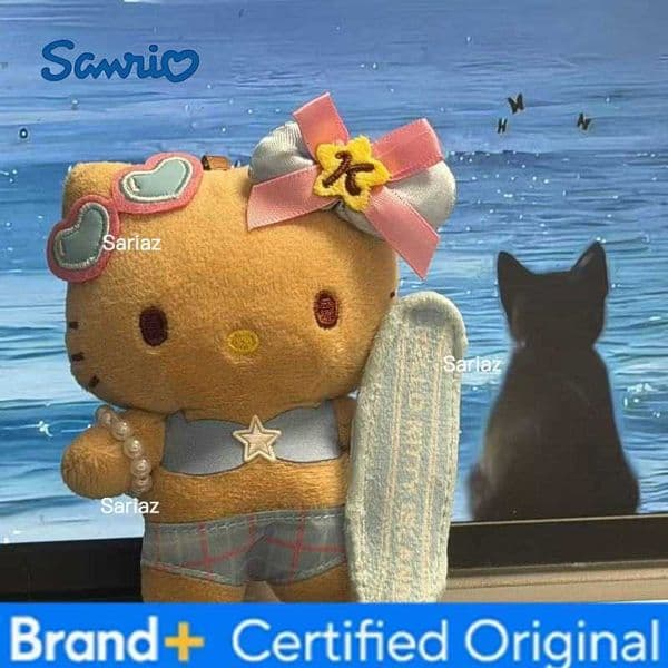 Sanrio Black Skin Hello Kitty Surfer Plush Keychain Bikini Surfboard Design Plush Doll Pendant Perfect for Beach Themed Decor Bag Gifts H260421