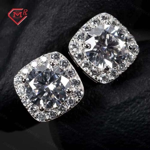 Daily Wear Men Stud Hip Hop Jewelry Iced Out Square S925 Silver Vvs Round Moissanite Earrings