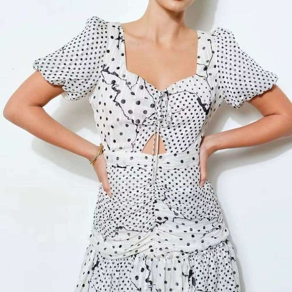 Women's Black White Dot Puff Sleeve Sweetheart Neck Ruched Cutout Casual Party Dress