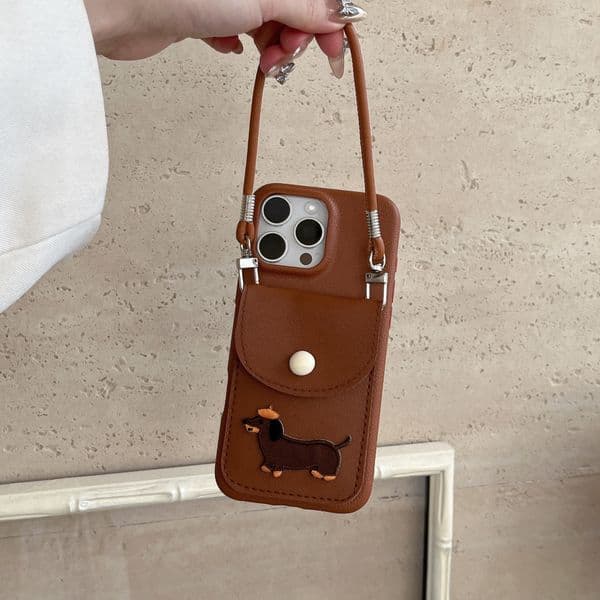 Embroidered puppy card holder case for Apple 16, iPhone 17 Pro/15, soft TPU with lychee pattern and wrist strap
