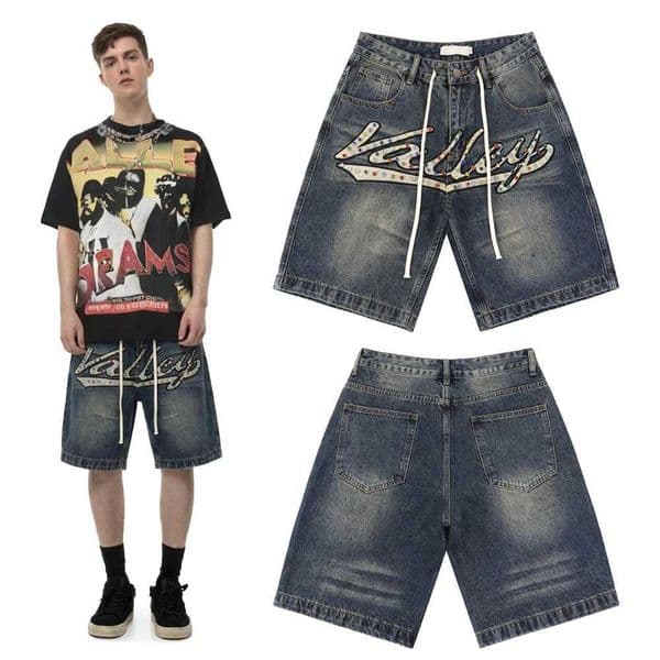 New Streetwear Clothing Embroidery Shorts Denim Jeans with Color Rhinestones Hiphop Casual Cotton Vintage Shorts Jeans for Mens L260521