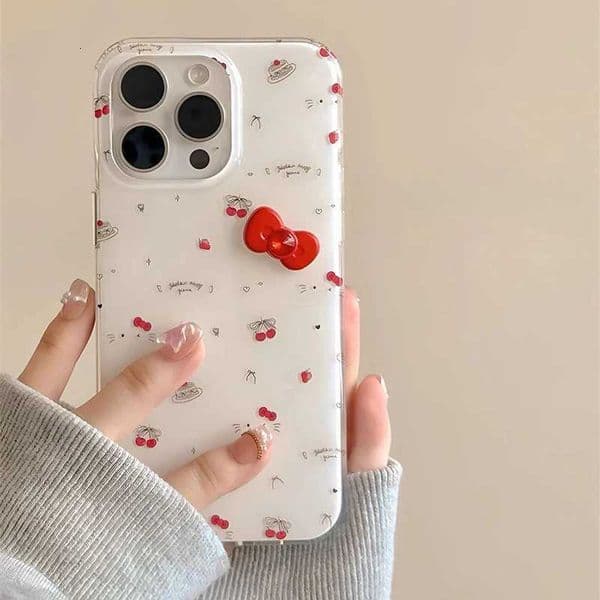 For iPhone 17 16E 16 Pro Max 15 Plus 13 Mini 12 11 XS XR 7 8 SE 3D Red Bowknot Kitty Cartoon White Doucble Acrylic Phone Case H260421