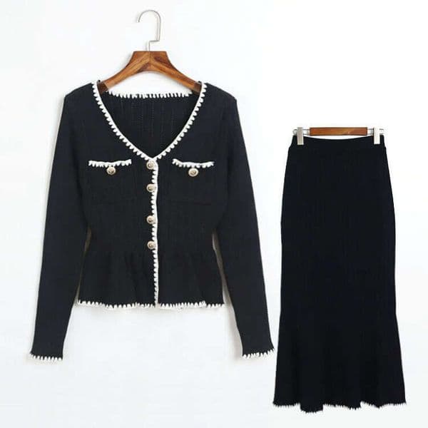 Spring designer knitted V-neck contrasting border pleated waistband r27 cardigan high waisted fishtail skirt small fragrance style clothing