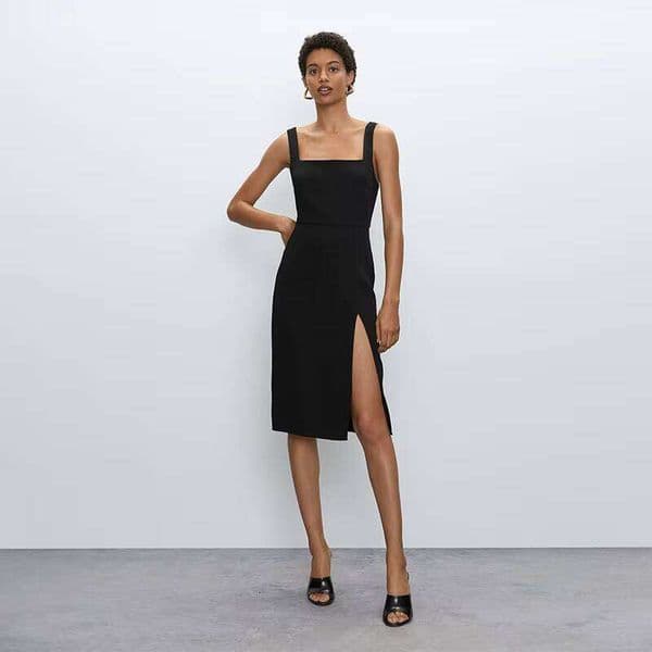 Woman Square Neck High Slit Black Bodycon Dress