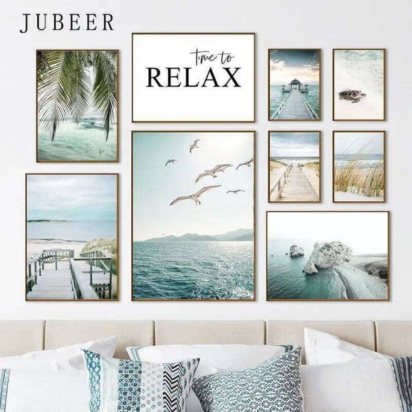 Beach Sea Ocean Poster Wall Art Canvas Painting Bridge Leaves Turtle Seagull Print Vibrant Summer Picture Nordic Home Decoration 26H0421