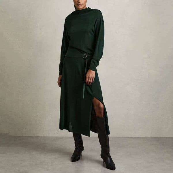 Women's Elegant Forest Green Knit Midi Long Sleeve Belted Side Slit A-Line Sweater Dress