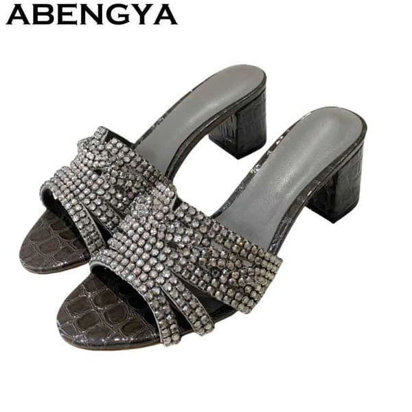 Shiny Crystal Chain Chunky Heels Slippers Women Rhinestone Square Open Toe Slingback Slippers Summer Dress Party Shoes Mujer J260421
