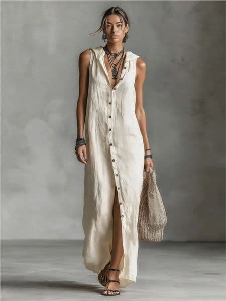 Elegant Cotton Linen Hooded Dres Loose V Neck Single Breasted Sleeveless Vestido Female Summer Casual Party Dresses 260410