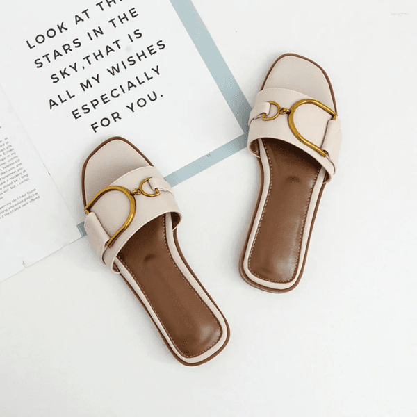 Slippers Women's Flat Summer Leather Square Toe Women Flats Flip Flops Designer Ladies Slides Sandals Shoes Luxury