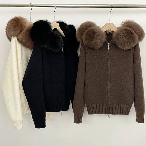 26ss SANRAN OFTBUY Cardigan Winter Clothing Women Trends Knitwear Real with Natural Fur Women's Hooded Sweater Pulls Femmes