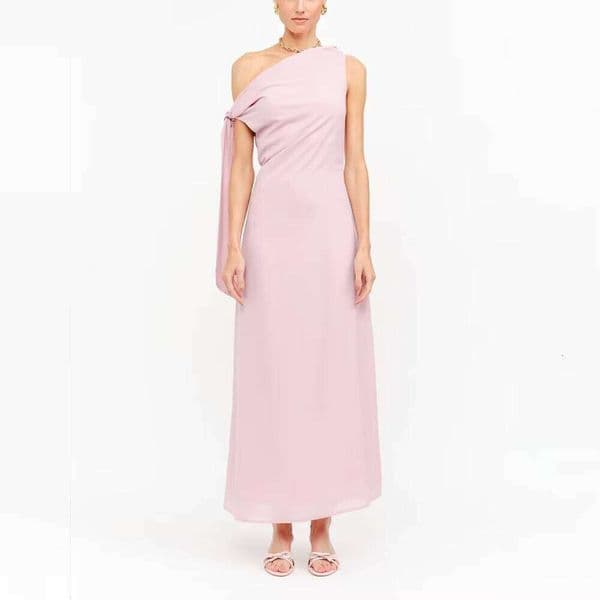 Women's Dusty Pink One Shoulder Ruched Tie Waist Chiffon Bridesmaid Dress