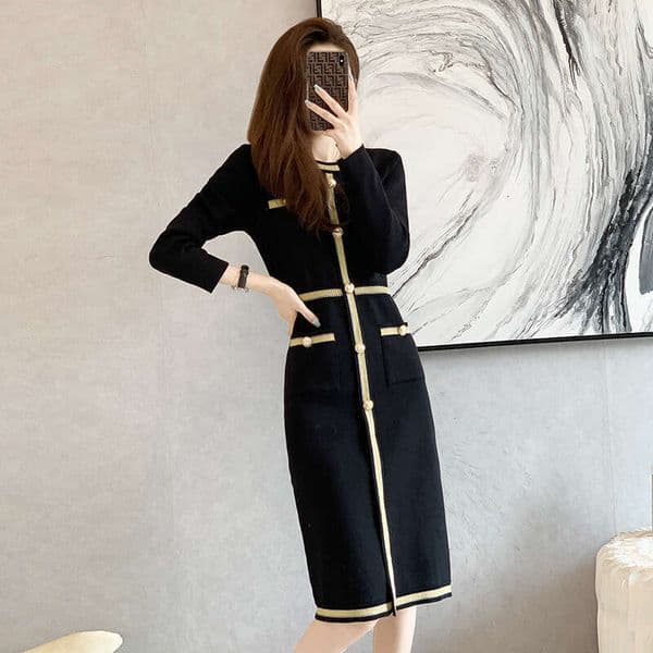 Designer French Elegant Women's Knitted Autumn and Winter Shining Thread Color blocked r27 Long Sleeve Base Sweater Dress 2026
