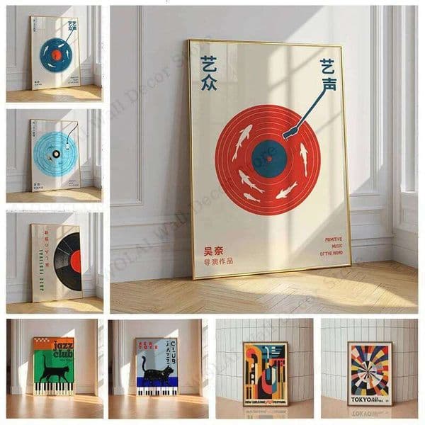 Retro Japanese Vinyl Music Canvas Print Mid-century Jazz Club Black Cat Wall Art Poster for Modern Living Room Home Decor Gifts 26L0421