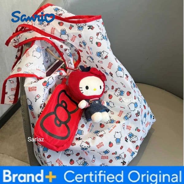Sanrio 2026 Shopping Bag Kitty Red Bow Folding Storage Environmentally Friendly Bag Full Print One-shoulder Hand Carry Tote Bag H260421