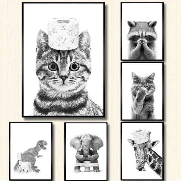 Cat Giraffe Dog Elephant Toilet Paper Bathtub Funny Bathroom Poster Print Canvas Painting Wall Art Shower Room Home Decoration 26H0421