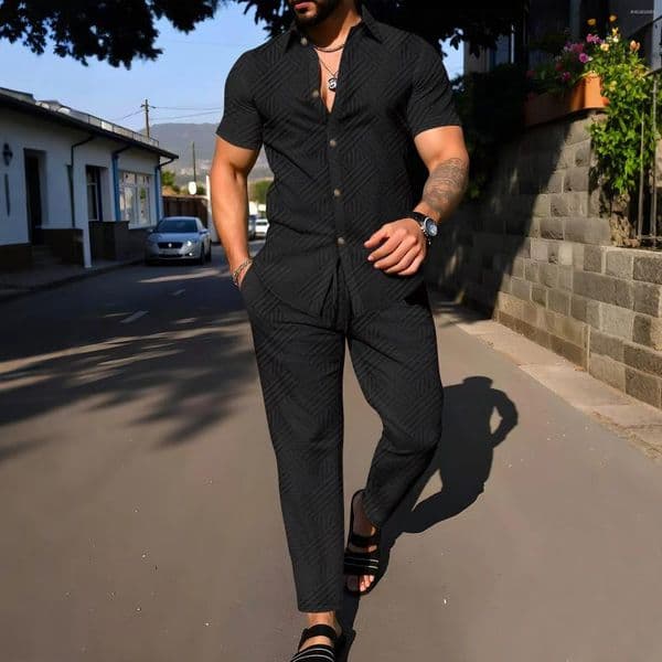 Men's Tracksuits Summer Solid Color Jacquard Lapel Cardigan Short Sleeve Shirt Trousers Two-piece Set