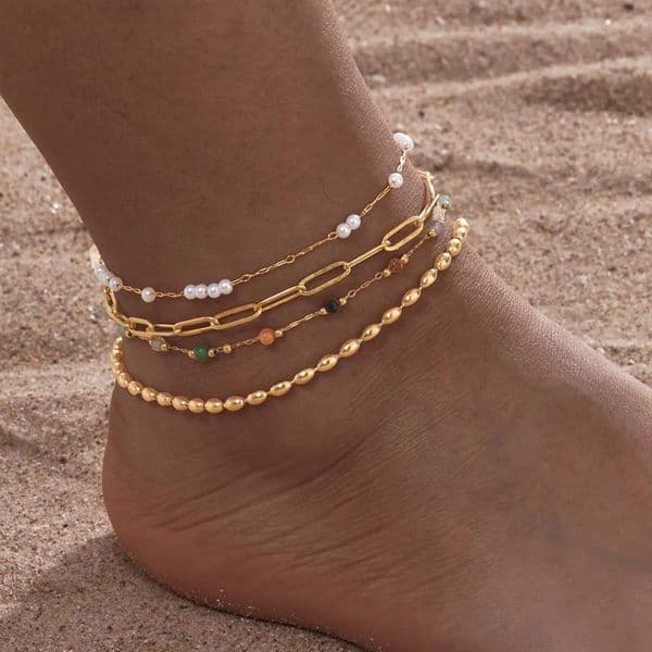 Stainless Steel Pearl Anklets Bracelet for Women 18k Gold Plated Foot Chain Adjustable Stackable Bracelets on Leg Jewelry 260421