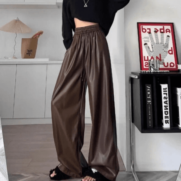 Men's Pants Extra Large Size Retro High Street Leather Summer Waist Loose PU Straight Leg Wide Trendy Brand