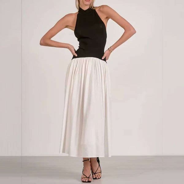 Women's Black White Halter Midi Knit Bodice Pleated Skirt Formal Party Dress