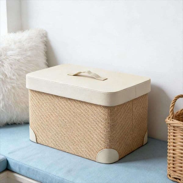 2026 New Storage With Lid, Organizer Clothing Box, Household Jute Hand-Woven Leather Dirty Clothes Basket Storage Box Free Shipping