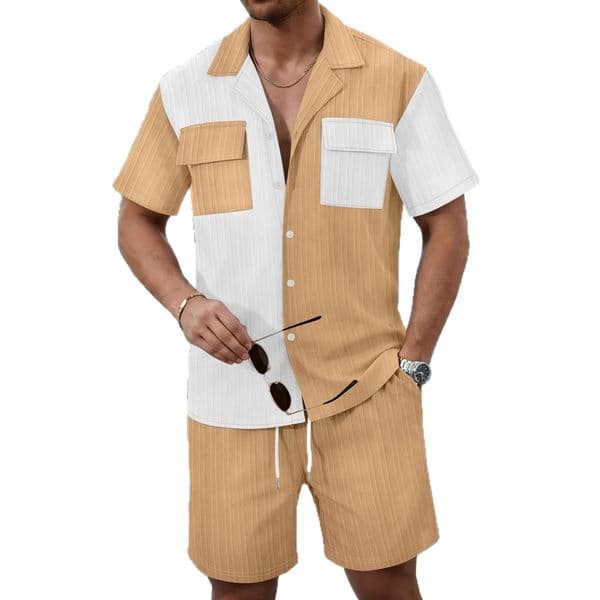 Summer mens contrast color track suits short sleeve T-shirt shorts set fashion casual Hawaiian beach short two piece set black tracksuits