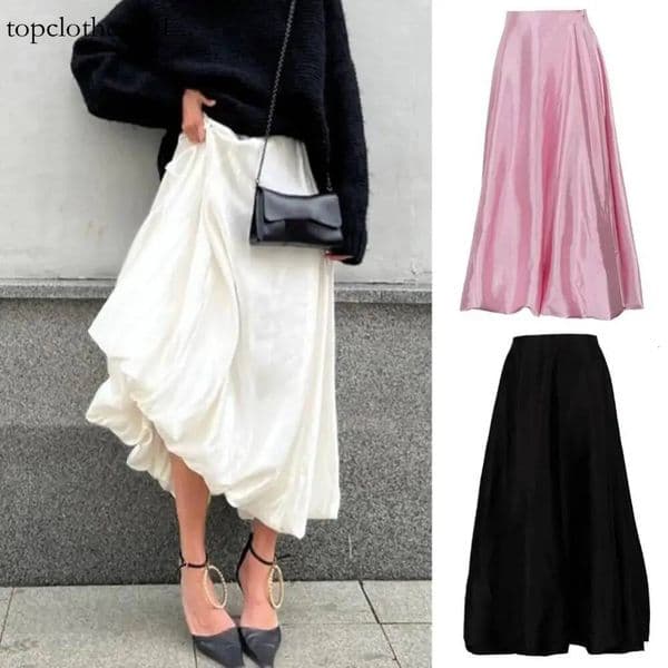 Women's Solid Color Satin Tutus Style Sweet Maxi Balloon Skirt Spring Summer High Waist Pleated Long Skirts