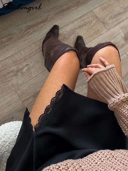 Lace Patchwork Satin Mini Skirts Brown High Waist Bodycon Sexy Black Short Slit Skirt Ladies Summer A Line Silk For Women 260421