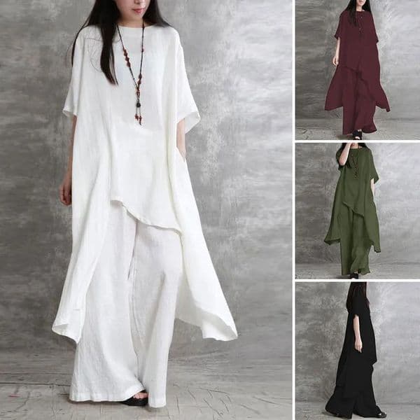Women Cotton Linen Pant Sets 2 Pieces Casual Half Sleeve Solid Loose BlouseHigh Elastic Waist Wide Leg Full Trousers Suits 260421