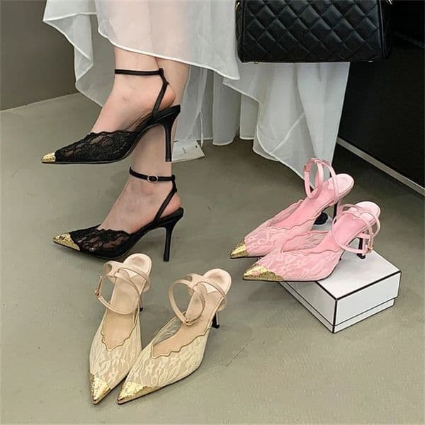 Aneikeh Fashion Retro Lace ner Pointed Toe Thin Heels Slingbacks Pumps Women Wedding Banquet Dress Mules Ladies Shoes 260422