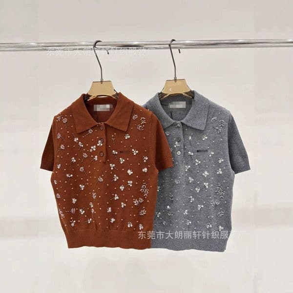 Women's Knits & Tees Designer High-End Women's Clothing Summer Casual Beaded Turn-Down Collar Embroidered Floral Beaded Knit T-Shirt Top 34AR