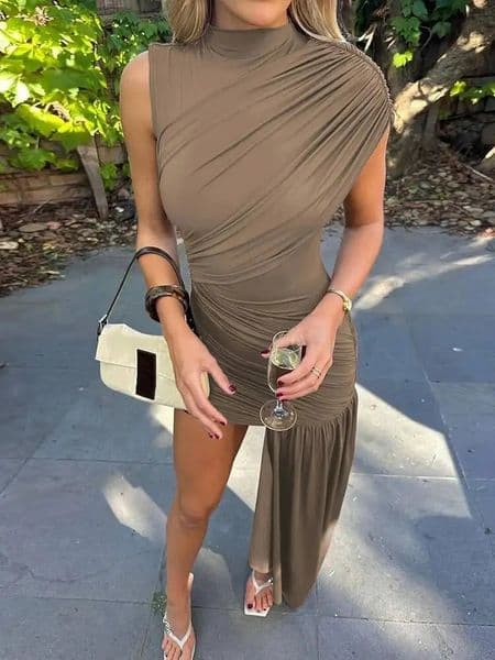 Balitops Summer Draped Ruched Sexy Mini Dress Women Irregular High Waist Slim Fit Dress Female Elegant Club Tank Dress 260421