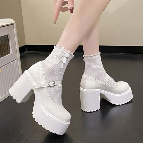 Chunky Platform High Heels Pumps Women Autumn Pu Leather Ankle Buckle Mary Jane Shoes Woman Thick Heeled White Lolita Shoes 260422CJ