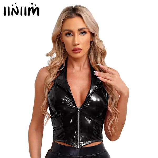 Womens Glossy Patent Leather Latex Vest Tops Rave Outfit Clubwear Glossy Corset Waistcoat Notch Lapel Slim Fit Camisole Crop Top 260421