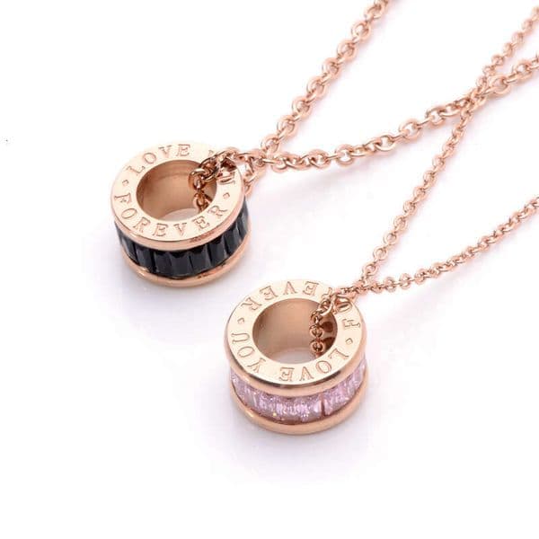 Korean-Style Creolo Slim Waist Titanium Steel For Women, Versatile Roman Pattern Crystal Pendant Rose Gold Necklace