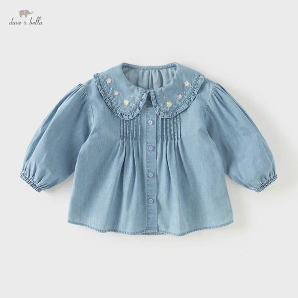 Dave Bella Girls Pure Cotton Denim Shirt Autumn Spring Children Clothes Baby Long Sleeve Blouse Kids Fashion Blue Tops DB1261071 260421