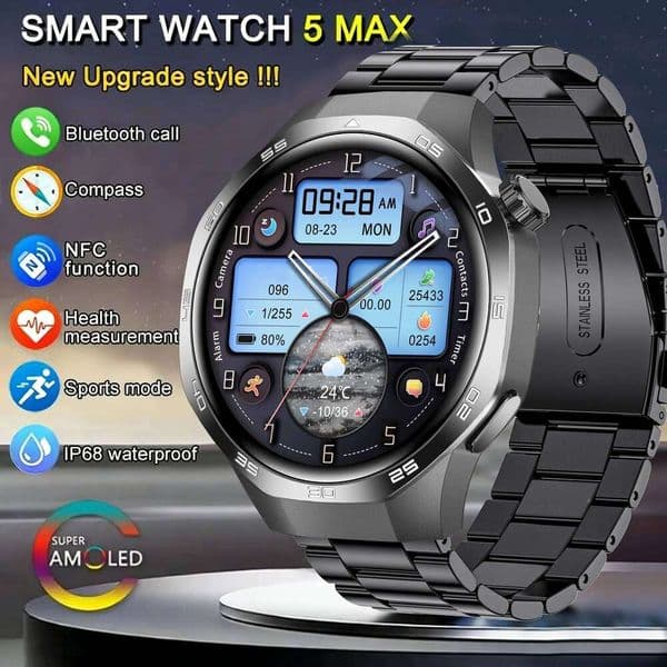2026 New Watch5 max smartwatch 1.53 "HD AMOLED screen NFC GPS Tracker BT call health monitoring watch for men and women 26Y0422