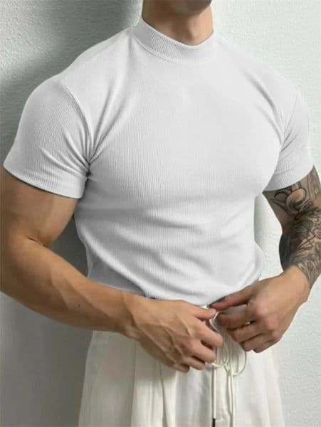 spring summer Elastic Comfortable Mens T-shirt Small high collar stripe shirt short sleeve fitness tops sports casual T-shirt 260421