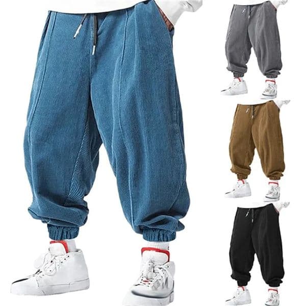 spring autumn Mens Casual Loose Drawstring Pants Fashion Sweatpants solidcolor Corduroy trousers jogger training men 260421